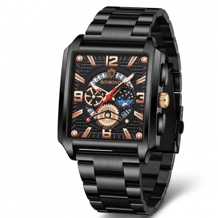 Jewelz Merchants Men’s Luxury Black Square Watch – Rose Gold Detail Dial