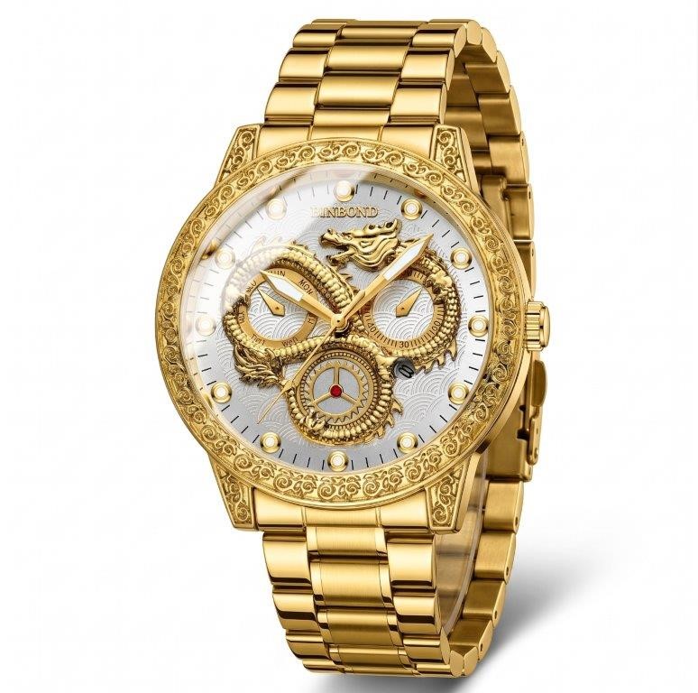 Jewelz Merchants Luxury Men’s Gold Dragon Watch – White Dial, Waterproof