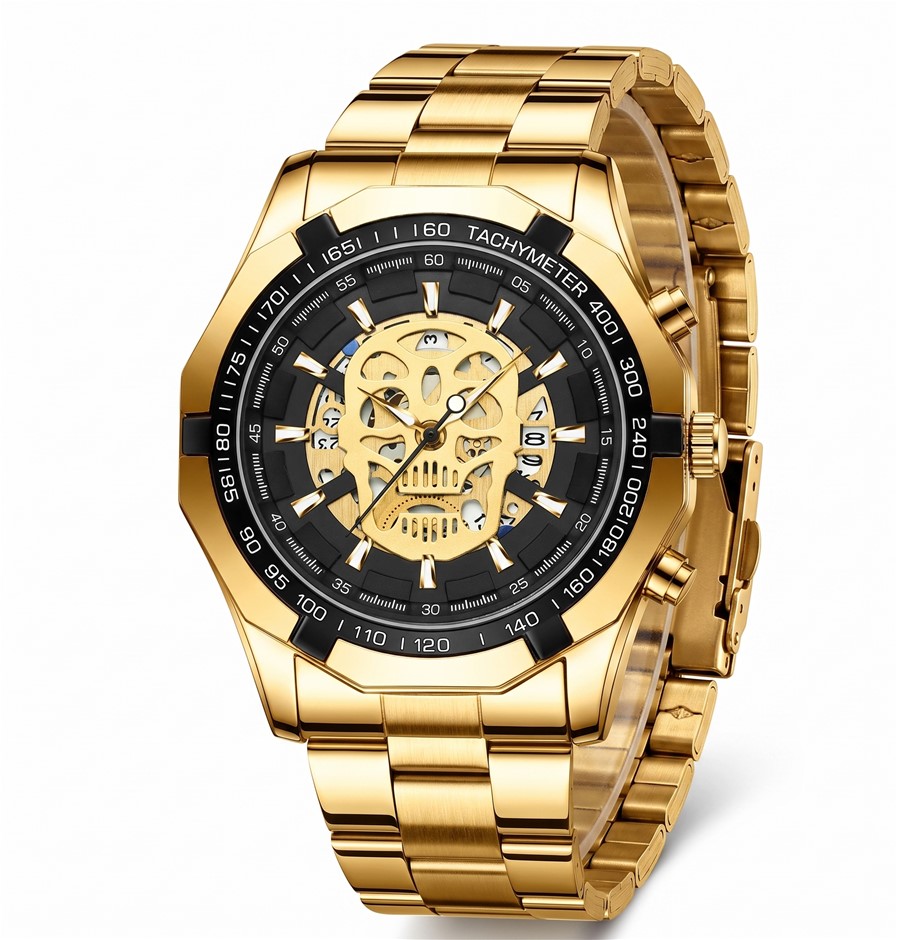 Jewelz Merchants Men’s Gold Skull Watch – Black Dial, Waterproof