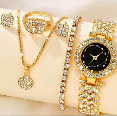 Jewelz Merchants Luxury Gold-Tone 5-Piece Jewellery Set – Black Dial
