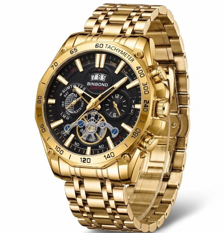Jewelz Merchants Men’s Luxury Gold & Black Multi-Function Skeleton-Style