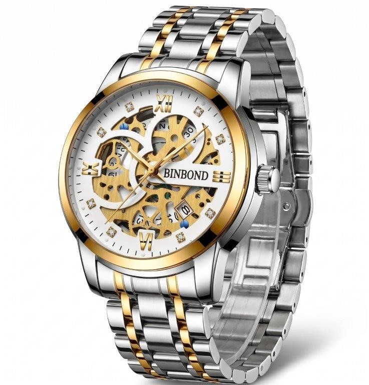 Jewelz Merchants Men’s Luxury Two-Tone Gold & Silver White Skeleton-Style