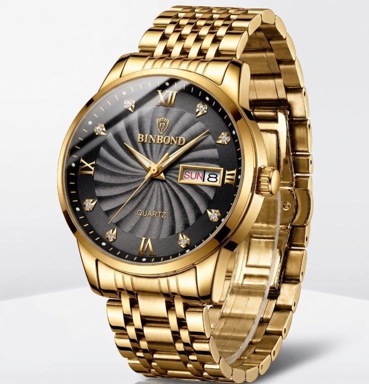 JewelzMerchants Men’s Luxury Gold-Tone Black Dial Day-Date Waterproof Watch