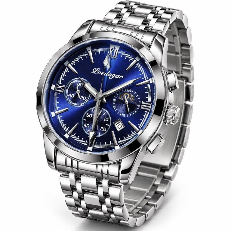 JewelzMerchants Men’s Luxury Silver Stainless Blue Dial Multi-Function