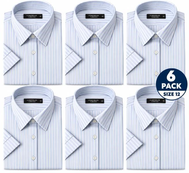 6 PACK Ladies Short Sleeve Business Shirt, Blue/White, Size 12