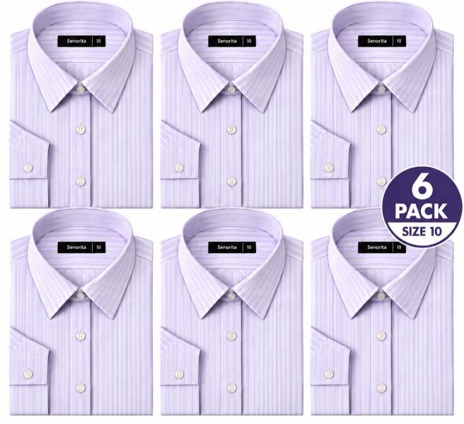 6 PACK Ladies Long Sleeve Business Shirt Lilac/White, Size 10
