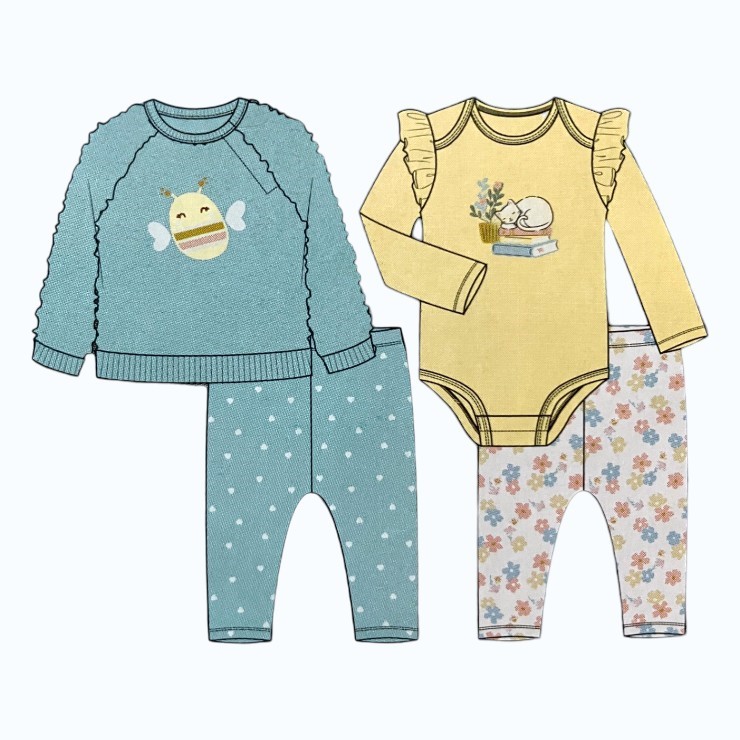 PEKKLE 4pc Infant Set, Size 3M, Plush Top w/ Bodysuit & Pants, DTB Bee.