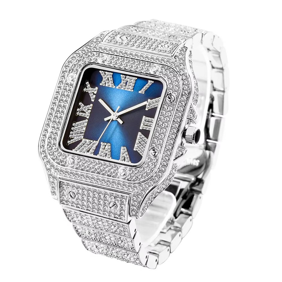 18k White Gold Filled, Blue Face Iced Out Diamond Quartz Wrist Watch