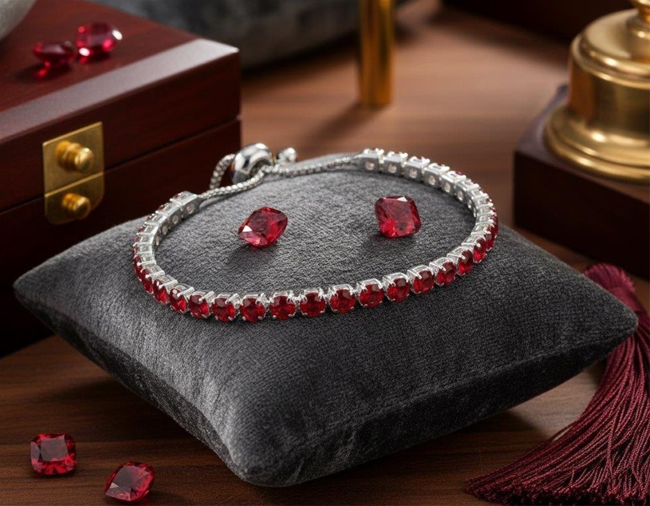 925 Sterling Silver Tennis Bracelet Red Simulated Diamonds-Adjustable