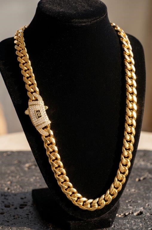 14K-Stamped Yellow Gold Bonded Cuban Miami Chain -55cm-10mm-Bonus Gift