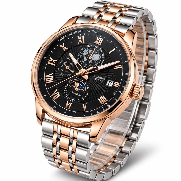 Luxury Men's Two-Tone Rose Gold & Silver Quartz Watch with Gift Box