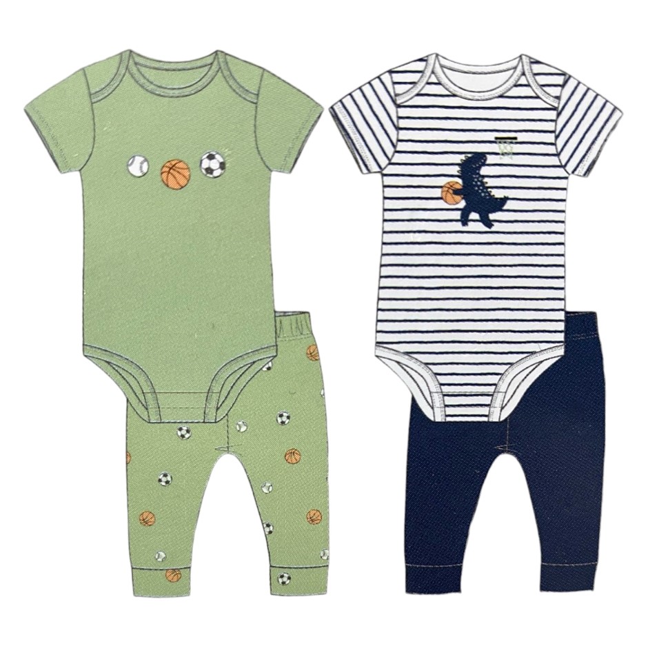PEKKLE 4pc Infant Set, Size 12M, Organic Cotton, Dino/Sports.