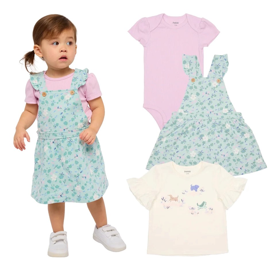 3pc PEKKLE Infant Shortall Set, Size 9M (0), Teal/Puppy Dog, Incl: Overall,