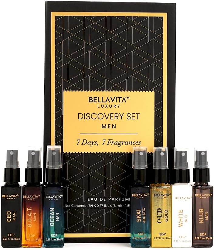 7pcs x BELLAVITA Men's Mini Discovery Set: 0.27oz G.O.A.T., Klub, Gold Oud