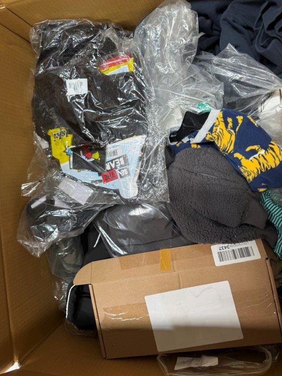 Assorted Box of Clothing including Jackets, Socks and more.  NB: Items may