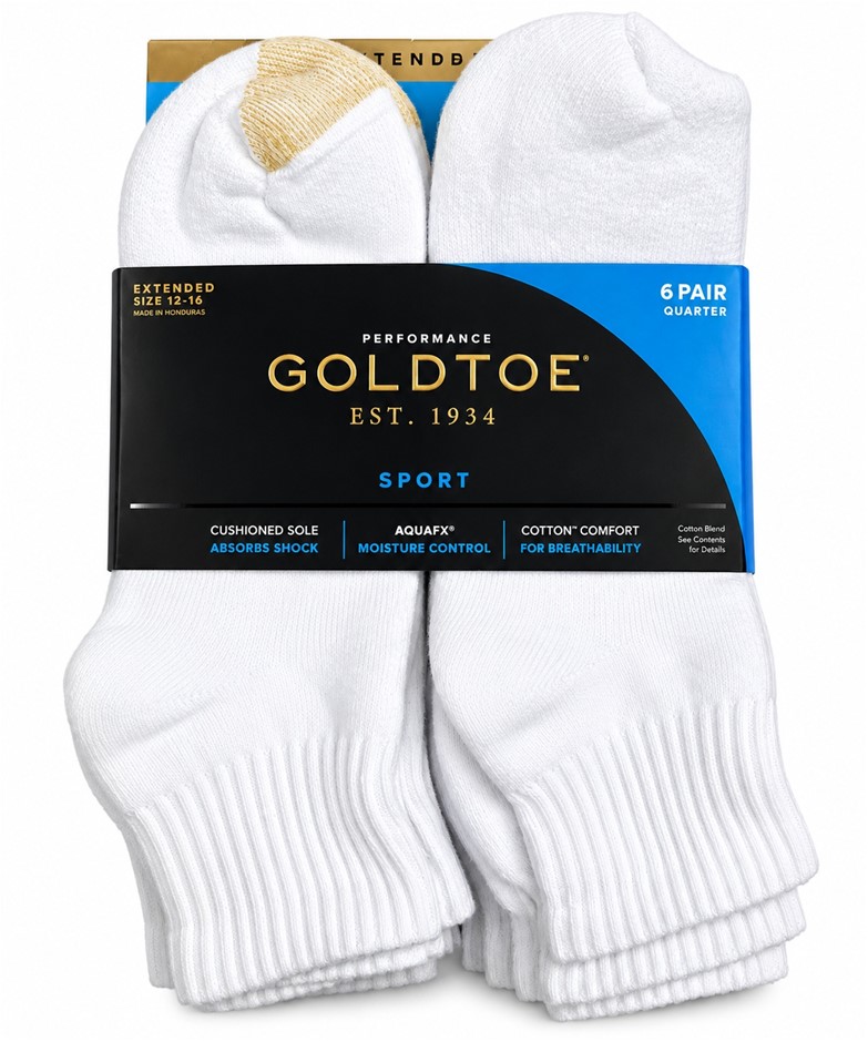 6 Pairs GOLDTOE Performance Sport Quarter Socks, White, Extended Size 12–16
