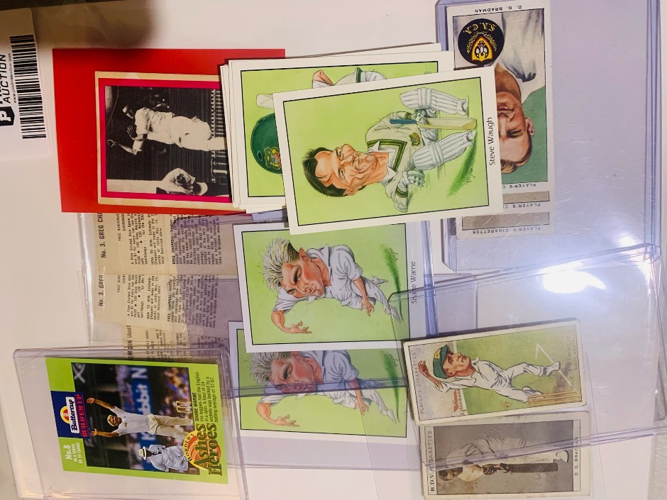 Lot of cricket cards/memorabilia vintage Bradman , Rookie Warne Lillie etc.