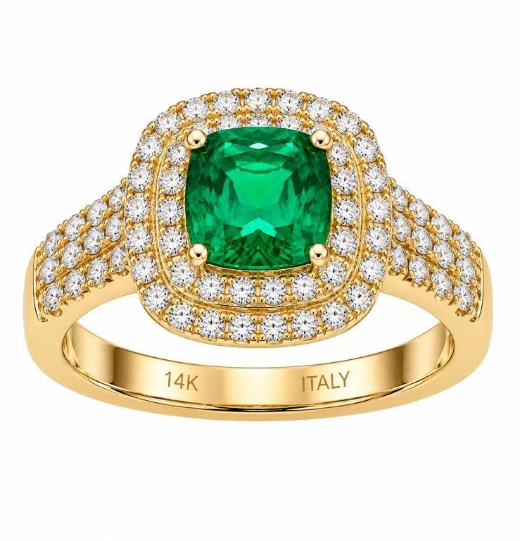 14K/Italy Stamped Yellow Gold 2.5CT Princess ct Green Double Halo Ring 6US