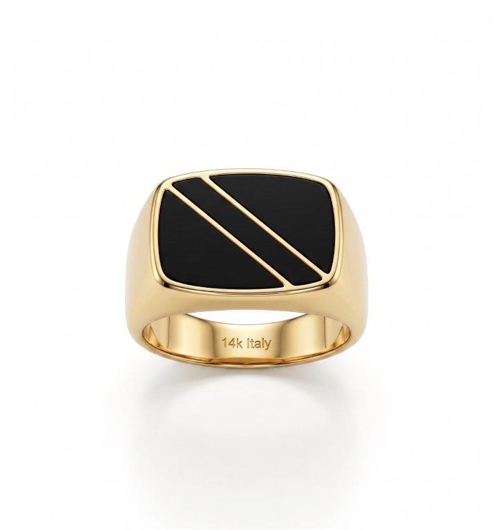 14K/Italy Stamped Yellow Gold Men’s Black Onyx Signet Ring- 9US-Bonus Gift