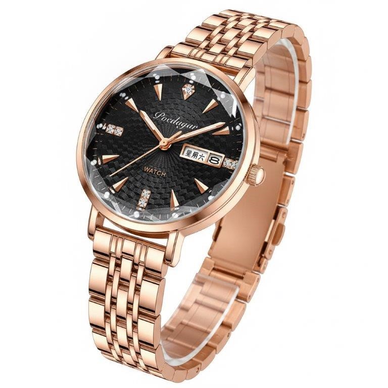 Jewelzmerchants – Luxury Rose Gold-Tone Watch with Black Dial