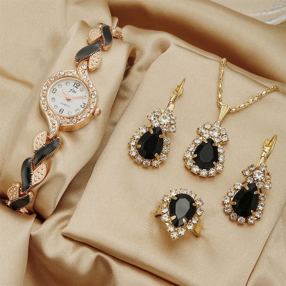 Luxury Rhinestone 4PCS Jewellery Set - Watch, Earrings, Ring & Necklace