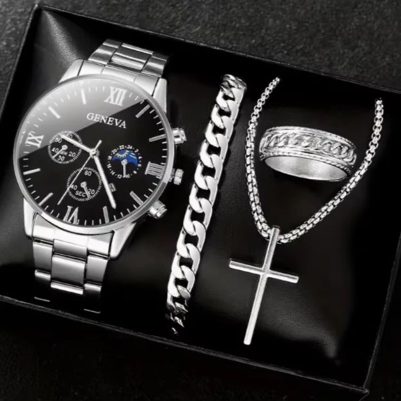 Men's 4PCS Quartz Watch, Cross Pendant Necklace, Ring Bracelet Set