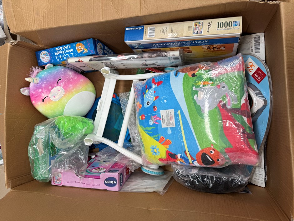 Assorted Box of Childrens Toys incl: Vtech, Squishmallow and more. Items ma