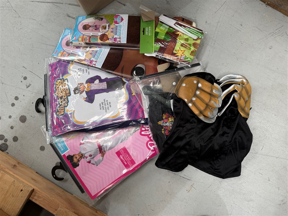 Assorted Box of Childrens Costumes and Decals. Items may not be in original