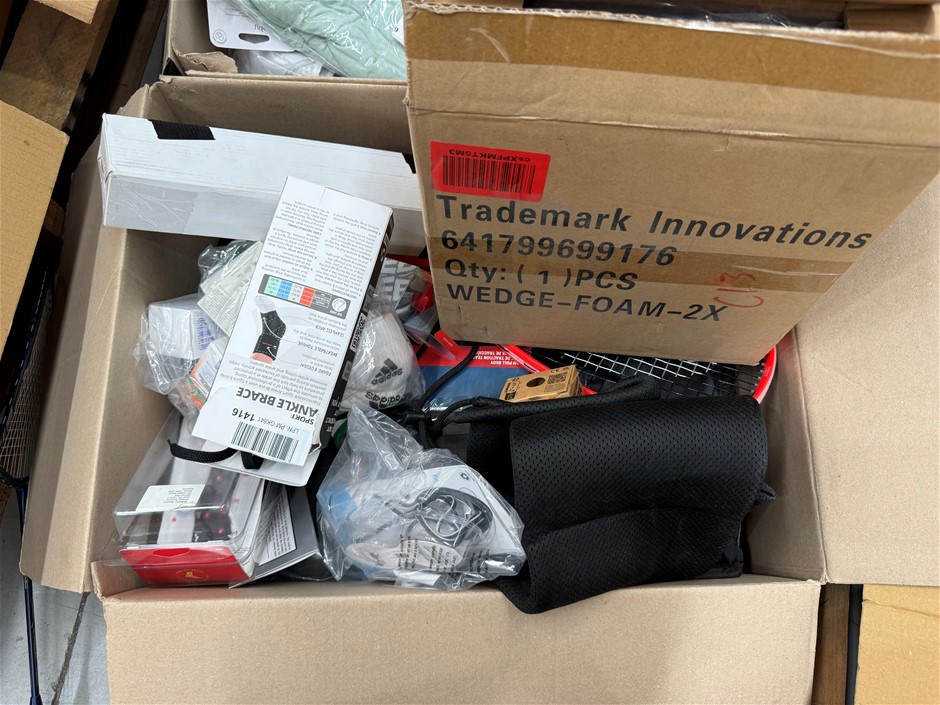 Assorted Box of Sporting Goods incl: Ankle Braces, Tennis Racquets and more