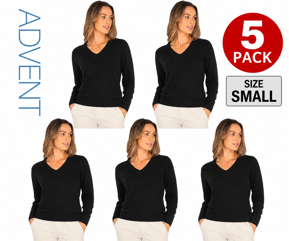 5 PACK ADVENT Women's Relaxed V-Neck Knit, Size SMALL, 100% Acrylic, Black.