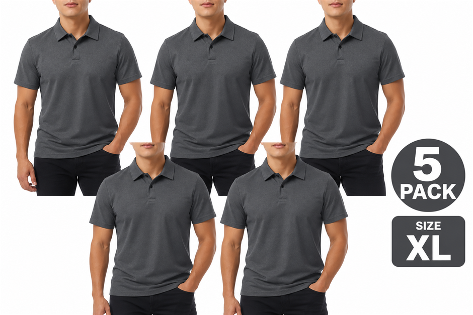 5 PACK 32DEGREES Men's Micro Pique Polo, Size XL, 100% Polyester, Charcoal.