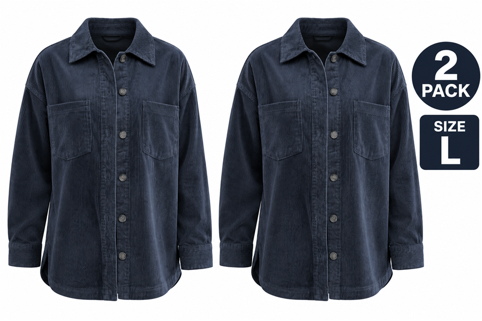 2 PACK MATTY M Women's Corduroy Shirt Jacket, Size L, 98% Cotton, Denim.