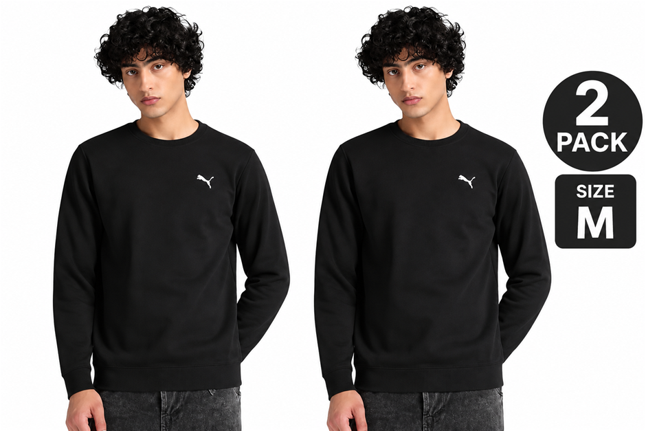 2 PACK Puma Men's Essential Crew Fleece, Black, Size Medium.