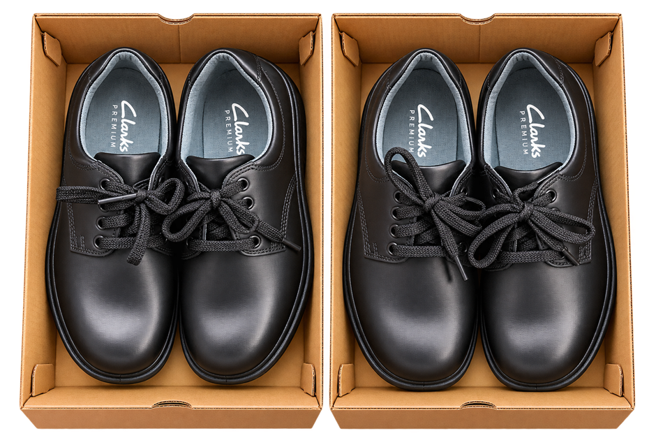 2 PAIRS of CLARKS Premium Black Shoes, UK 2 & UK 3.
