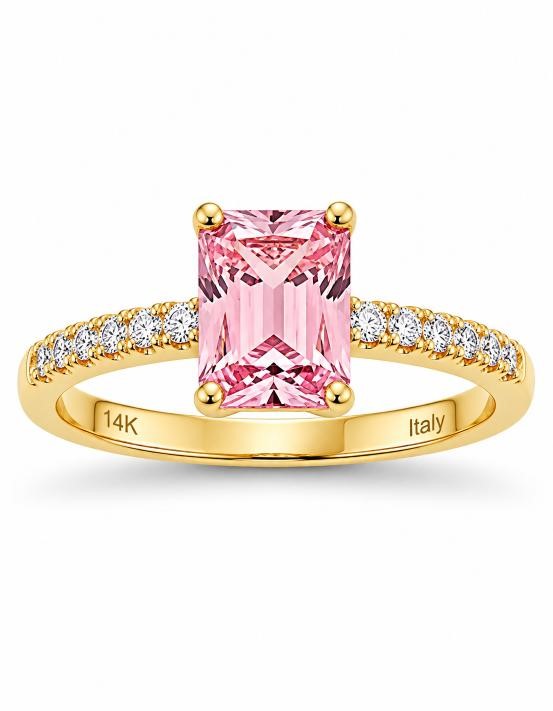 14K/Italy 2.0ct Pink Emerald Cut Yellow Gold Bonded Ring(stamped) 6US