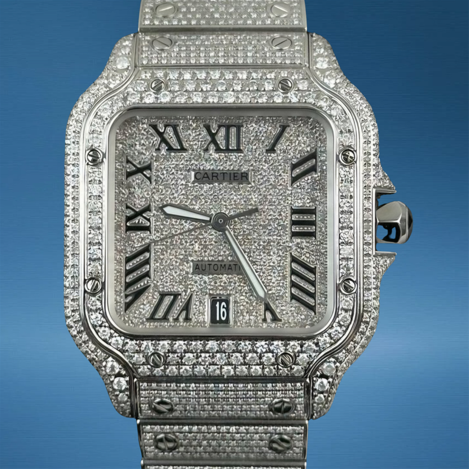 CARTIER SANTOS DE CARTIER LARGE 39.8MM DIAMOND AFTERMARKET DIAL BXP COA