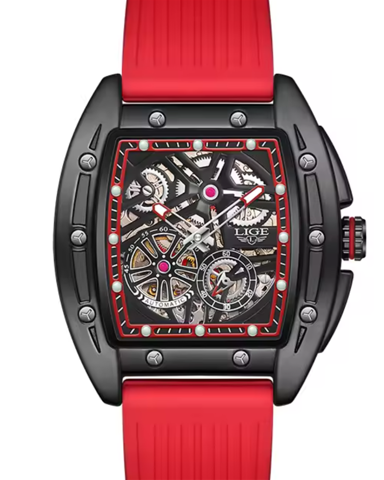 LIGE Mechanical Wristwatch Tonneau Silicone Strap Automatic 50M Waterproof