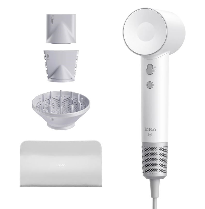 LAIFEN Swift SE Hair Dryer w/ 3 Nozzle Attachments and Travel Bag, White.