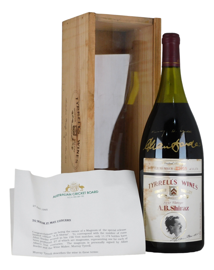 Tyrrell's A.B Shiraz 1991 (1x 1.5L). Signed Allan Border and Murray Tyrrell