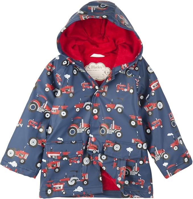 Hatley Boys' Button-up Printed Rain Jacket, Red Farm Tractors, 4 Years