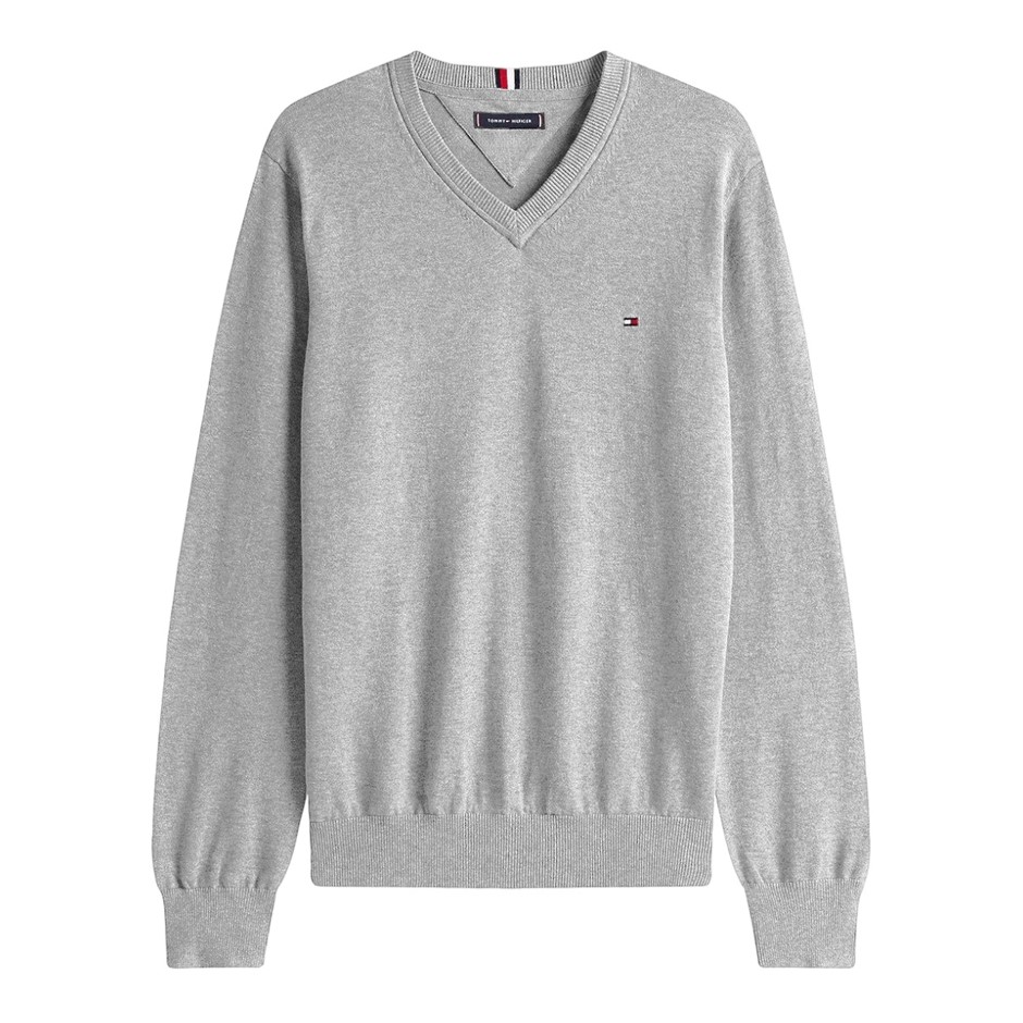 TOMMY HILFIGER Men's Syracuse V-Neck Sweater, Size L, 100% Cotton, Light Gr