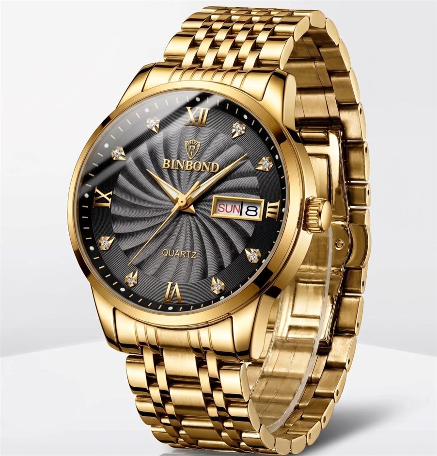 Jewelz Merchants Gold-Tone Black Dial Day-Date Watch