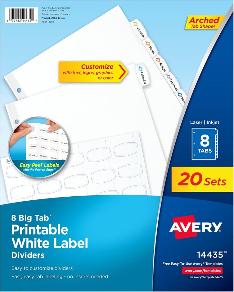 AVERY Big Tab Printable White Label Dividers with Easy Peel, 8 Tabs, 20 Set