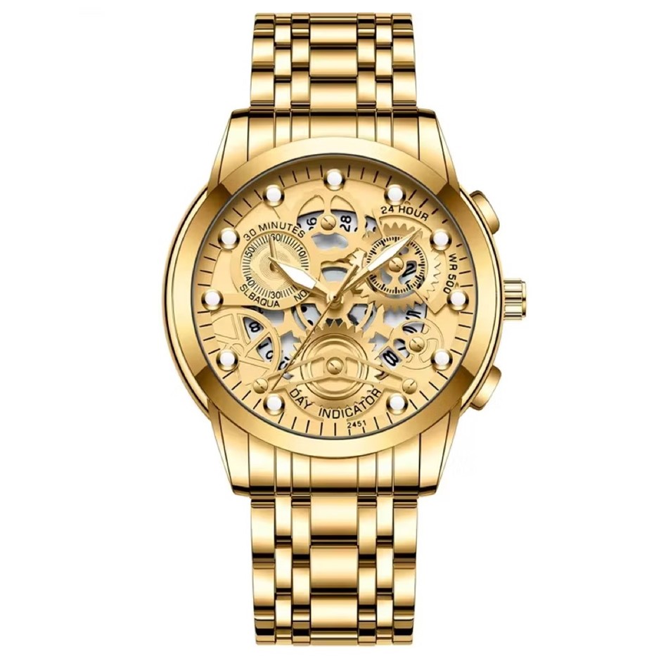 Men's Quartz Watch, Skeleton Design & Mechanical Style, Gold