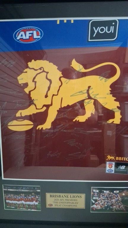 BRISBANE LIONS 2026 3 PEAT AFL CHAMPIONS SIGNED & FRAMED JERSEY