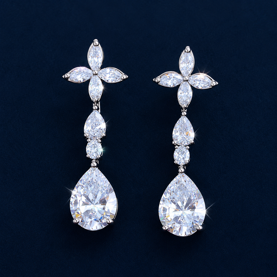 Rhodium Plated AAA+ Cubic Zirconia Drop Earrings