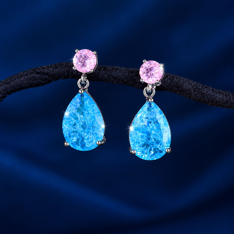 Silver Plated Blue Pear-Cut AAA+ Cubic Zircon Drop Earrings