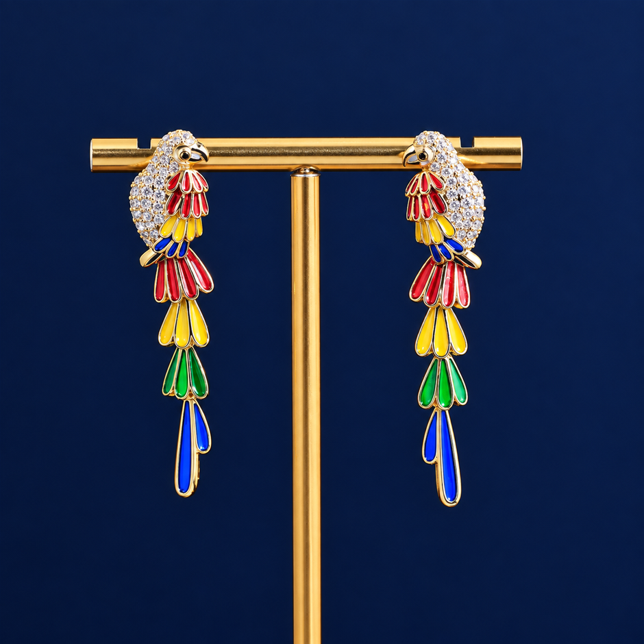 Gold Plated Multicolour AAA+ Cubic Zirconia Bird Drop Earrings