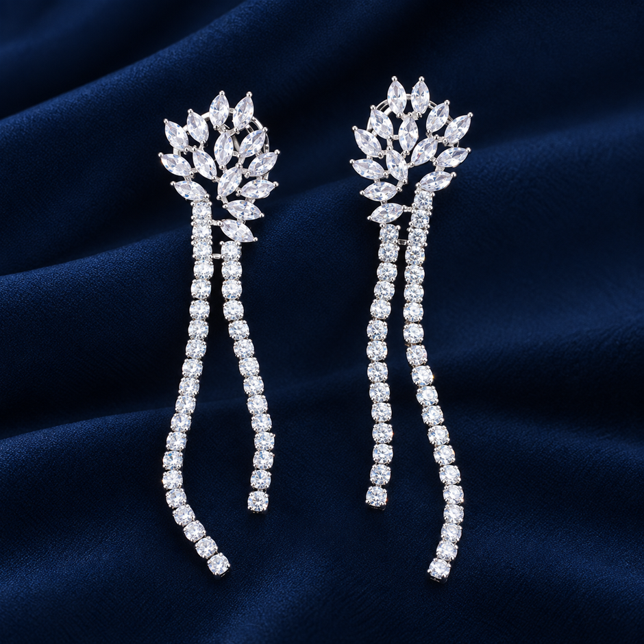 Rhodium Plated AAA+ Cubic Zirconia Long Tassel Drop Earrings