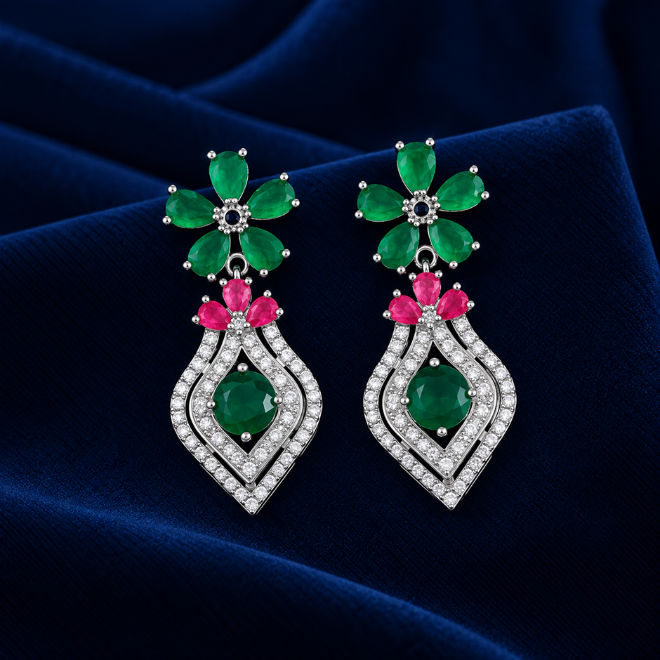 Silver Plated AAA+ Cubic Zirconia Flower Drop Earrings